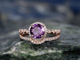 2Ct Round Cut Purple Amethyst Bridal Set Halo Engagement Ring 14K Rose Gold Over