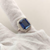 2.2ct Engagement Ring Emerald Cut Blue Sapphire Halo 14k White Gold Finish