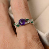 2ct Round Cut Purple Amethyst Diamond Leaf Accents Ring 14k White Gold Finish