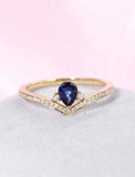 1ct Pear Blue Sapphire Wedding Band V Shaped Petite Curved 14k Yellow Gold Over