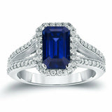 4Ct Emerald Cut Blue Sapphire Diamond Split Shank Halo Ring 18K White Gold Over