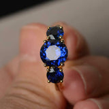 2.4ct Engagement Ring Round Cut Blue Sapphire Three Stone 14k Yellow Gold Finish