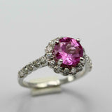 2.3ct Round Cut Pink Sapphire Engagement Ring Diamond Halo 14k White Gold Finish