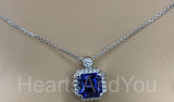 1ct Asscher Cut Simulated Blue Sapphire Halo Pendant Chain 14k White Gold Plated