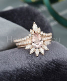 3ct Pear Cut Simulated Peach Morganite Curved Crown Trio Set 14k RoseGold Plated