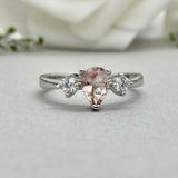 1ct Engagement Ring Pear Cut Peach Morganite Three Stone 14k White Gold Finish