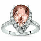 4.5ct Pear Cut Peach Morganite Halo Ring 14K White Gold Over with Round Accents