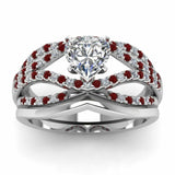 2ct Heart Cut Diamond Red Accent Bridal Set Engagement Ring 14k WhiteGold Finish
