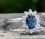 2.3ct Oval Cut Blue Sapphire Diamond Halo Floral Ring 14k White Gold Finish