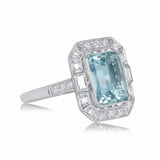 2.5ct Emerald Cut Blue Aquamarine Art Deco Engagement Ring 14k White Gold Finish
