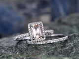 2.7ct Emerald Cut Peach Morganite Bridal Set Engagement Ring 18K White Gold Over