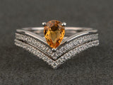 2.3ct Engagement Ring Pear Cut Yellow Citrine Bridal Set 14k White Gold Finish