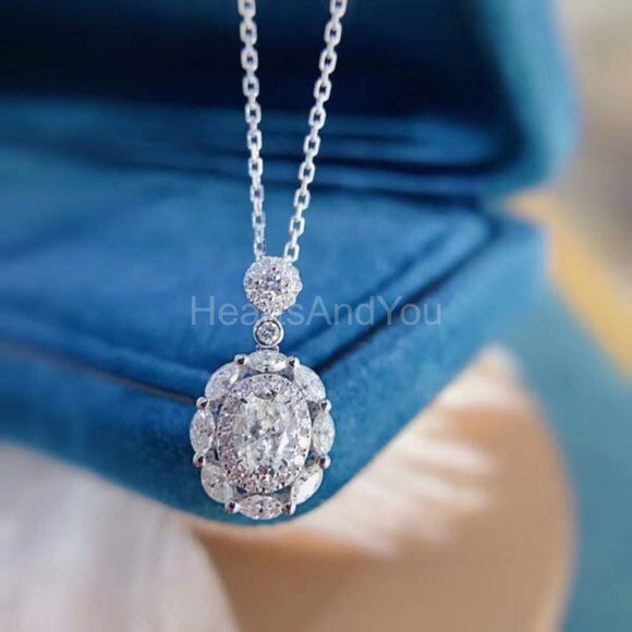 2ct Oval Cut Simulated Diamond Halo Pendant with Chain 14k White Gold Plated