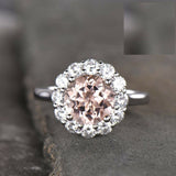 2ct Round Cut Peach Morganite Diamond Halo Solitaire Ring 14k White Gold Finish