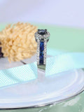 2ct Round Cut Blue Sapphire Halo Ring 14k White Gold Finish with Princess Accent