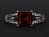2.2ct Engagement Ring Asscher Cut Red Garnet Split Shank 14k White Gold Finish