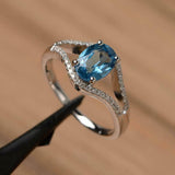 2.2ct Engagement Ring Oval Cut Blue Topaz Split Shank 14k White Gold Finish