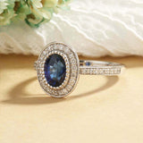 2.3ct Oval Cut Blue Sapphire Engagement Ring Halo Vintage 14k White Gold Finish