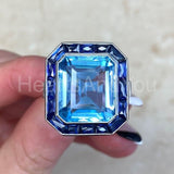 2.2ct Emerald Cut Simulated Aquamarine Art Deco Halo Ring 14k White Gold Plated