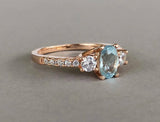 2ct Oval Cut Blue Aquamarine Three Stone Engagement Ring 14k Rose Gold Finish