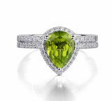 2.4ct Engagement Ring Pear Cut Green Peridot Bridal Set Halo 14k White Gold Over