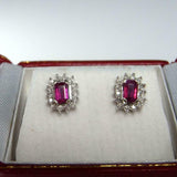 1.7ct Emerald Cut Pink Ruby Diamond Halo Stud Earrings 14k White Gold Finish