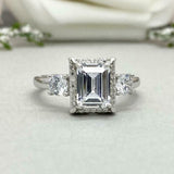 2.7ct Engagement Ring Emerald Cut Diamond Halo Solitaire 14k White Gold Finish