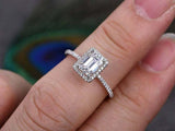 1.5ct Emerald Cut Diamond Engagement Ring Halo Promise 14k White Gold Finish