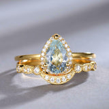 2.2ct Engagement Ring Pear Cut Blue Aquamarine Bridal Set 14k Yellow Gold Finish
