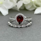 2.1ct Pear Cut Red Garnet Halo Bridal Set Engagement Ring 14k White Gold Finish