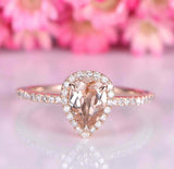 1.5ct Pear Cut Morganite Engagement Ring Diamond Accents Halo 14k Rose Gold Over