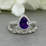 2.1ct Pear Purple Amethyst Halo Bridal Set Engagement Ring 14k White Gold Finish