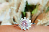 1.5ct Round Cut Peach Morganite Engagement Ring 14k White Gold Over Halo Floral