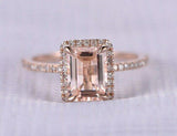 2ct Emerald Cut Morganite Engagement Ring Halo Diamond Accent 14k Rose Gold Over