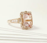 2.3ct Engagement Ring Emerald Cut Peach Morganite Art Deco 14k Rose Gold Finish