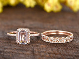 2ct Emerald Cut Morganite Trio Bridal Set Engagement Ring 14k Rose Gold Finish