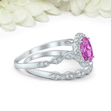 2.5ct Oval Cut Pink Sapphire Engagement Ring Bridal Set Halo 14k White Gold Over