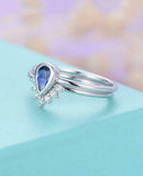 0.5ct Pear Cut Blue Sapphire Bezel Bridal Set Engagement Ring 14k WhiteGold Over
