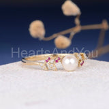 0.1ct Round Simulated Dainty Leave Vine Pearl Engagement Ring Yellow Gold Plated