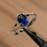 2.2ct Engagement Ring Oval Cut Blue Sapphire Split Shank 14k White Gold Finish