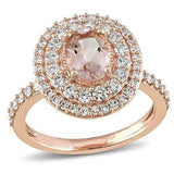 3.5ct Oval Peach Morganite Diamond Dual Halo Engagement Ring 14K RoseGold Over