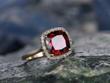 2.3ct Cushion Cut Red Garnet Halo Solitaire Engagement Ring 14K Rose Gold Finish