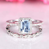 2.3ct Emerald Cut Blue Aquamarine Engagement Ring Bridal Set 14k White Gold Over