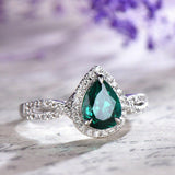 1.5ct Pear Cut Green Emerald Engagement Ring Halo Diamond 14k White Gold Finish