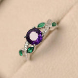 2ct Round Cut Purple Amethyst Diamond Leaf Accents Ring 14k White Gold Finish