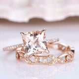 2.5ct Princess Cut Peach Morganite Bridal Set Engagement Ring 14k Rose Gold Over