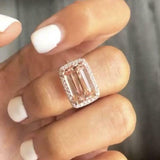 3.5ct Emerald Cut Peach Morganite Engagement Ring 14k RoseGold Over Diamond Halo