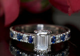 4Ct Emerald Cut Diamond Blue Sapphire Shank Engagement Ring 14K White Gold Over