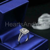 2.2ct Emerald Simulated Diamond Split Shank Dual Halo Ring 14k White Gold Plated