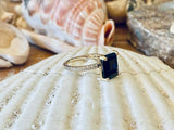2.2ct Emerald Cut Blue Sapphire Solitaire with Accent Ring 14k White Gold Finish